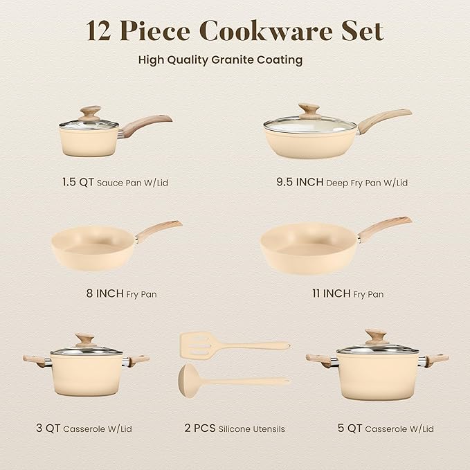 Kitchen Academy 12-Piece Induction Cookware Set, Nonstick Granite Pots and Pans in Beige - Image 8