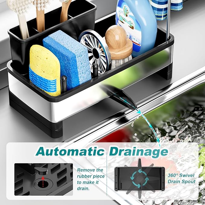 Ewaiira Stainless Steel Sink Caddy, Sponge Holder for Kitchen Sink with Brush Holder and Towel Rack, Sink Organizer for Countertop, Soap Dispenser Kitchen Organizers Storage Essentials, Black 9.8″ - Image 5