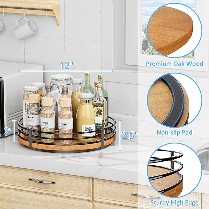 13" Lazy Susan Turntable Organizer - Wood Round Lazy Susan for Cabinet Kitchen Countertop Pantry Cupboard Dining Table Bathroom Coffee Bar Spice Storage Home Decor - Image 6