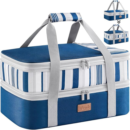 Lifewit Insulated Double Decker Casserole Carrier, Expandable Lasagna Lugger Tote Bag for Hot or Cold Food, Fits 9" x 13" Baking Dish for Potluck Parties, Picnic and Cookouts, Blue