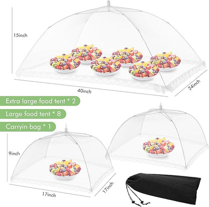 Food Covers for Outside - 10 Pack Upgraded 2 Extra Large (40"x24") & 8 Large (17"x17"), Mesh Food Covers for Outdoors,Picnic Food Covers for Outdoors Mesh, Collapsible and Reusable