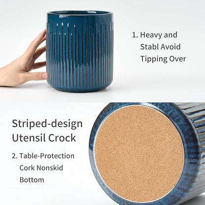 JIEMEI HOME Kitchen Utensil Holder, 7.2" Large Ceramic Stable Utensil Crock for Countertop, Utensil Holder with Cork Mat, Removable Bamboo Divider for Easy, Kitchen Decor, Blue - Image 4
