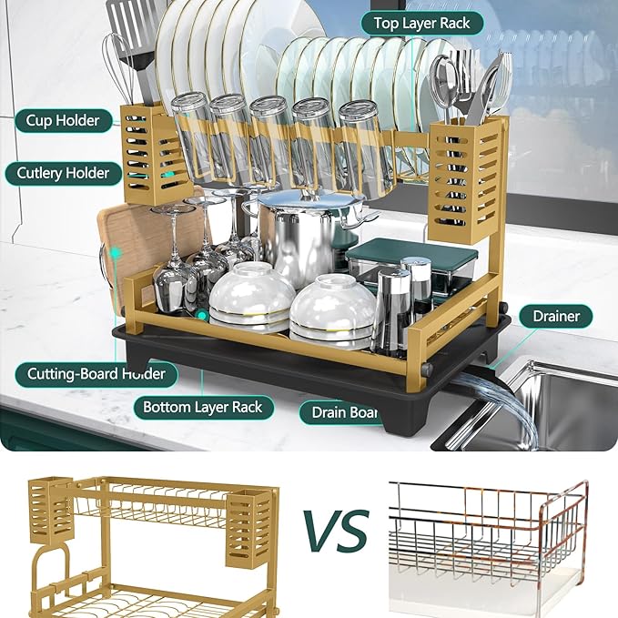 B-Land Dish Drying Rack, 2 Tier Dish Racks for Kitchen Counter, Large Dish Drying Rack with Drainboard & Utensil Holders, Rust-Proof Dish Drainers,Kitchen Organization Gold - Image 6