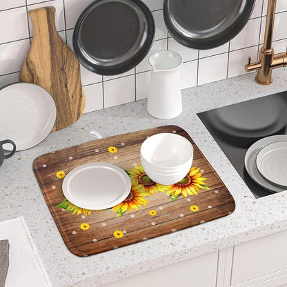 Summer Sunflower Bee Dish Drying Mat for Kitchen Counter,Rustic Yellow Flowers White Polka Dots Drying Mat 16 x 18 Inch with Absorbent Reversible Microfiber Drying Pad for Coffee Bar - Image 6