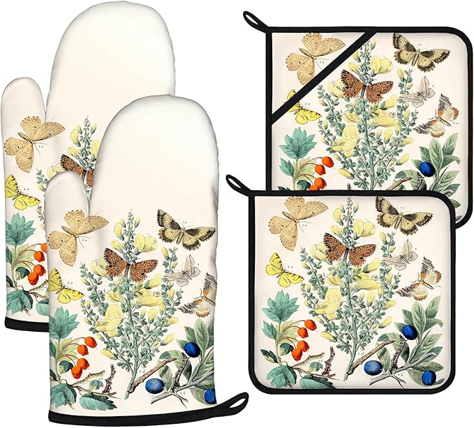 Wildflowers Butterfly Oven Mitts and Pot Holders Sets 4Pcs,Extra Long Oven Gloves Potholder for Kitchen Cooking Baking BBQ 100% Cotton Heat Resistant by VisittheDuibelproduct