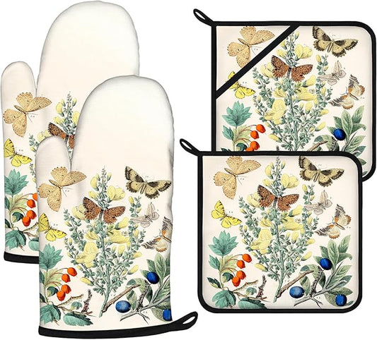 Wildflowers Butterfly Oven Mitts and Pot Holders Sets 4Pcs,Extra Long Oven Gloves Potholder for Kitchen Cooking Baking BBQ 100% Cotton Heat Resistant by VisittheDuibelproduct