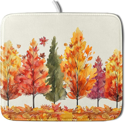 Fall Maple Leaves Dish Drying Mat for Kitchen Counter 18x16 Inch Watercolor Autumn Drying Mat with Absorbent Reversible Microfiber Orange Dish Drainer Mats Rack Pad for Coffee Countertop Protector