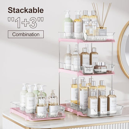 Delamu 2-Tier Multi-Purpose Bathroom Under Sink Organizers and Storage, Stackable Kitchen Pantry Organization, Pull Out Medicine Cabinet Organizer with Movable Dividers, Pink, 2 Pack - Image 3