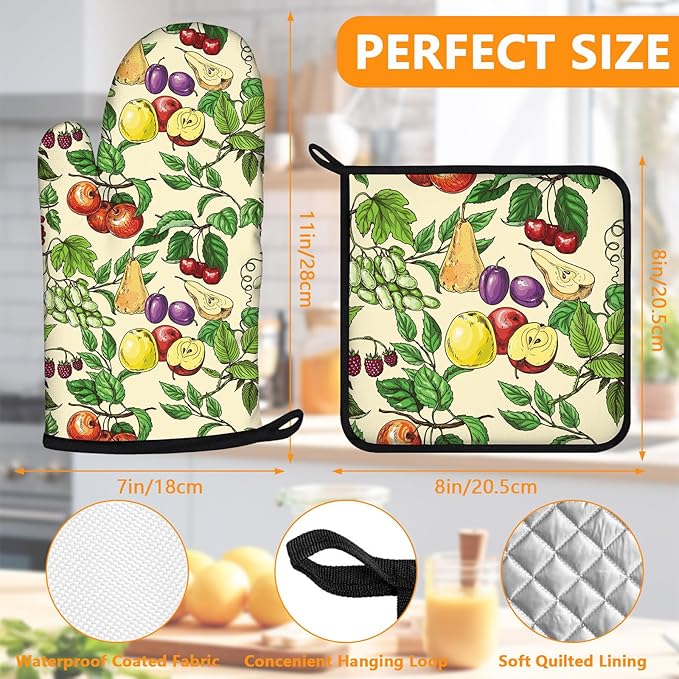 Fruit Oven Mitts and Pot Holders Sets 4Pcs,Extra Long Oven Gloves Potholder for Kitchen Cooking Baking BBQ 100% Cotton Heat Resistant - Image 2