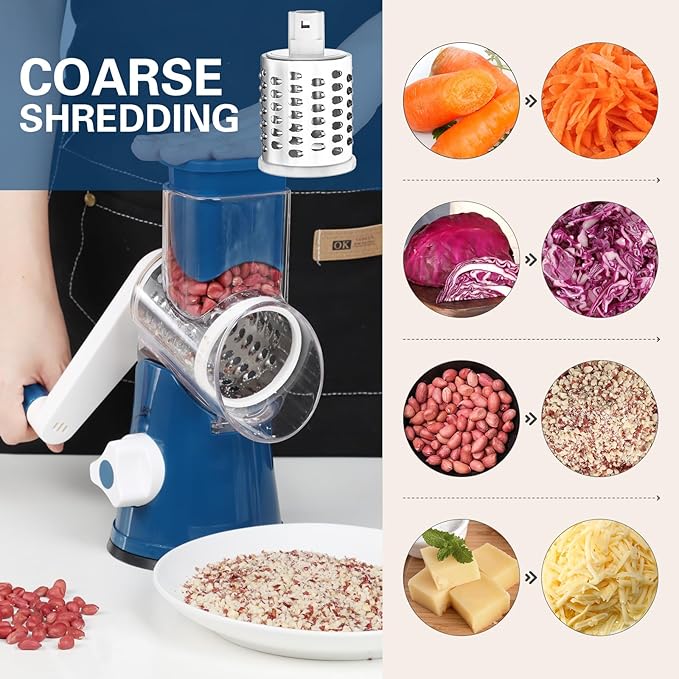 Cambom Rotary Cheese Grater Hand Crank Cheese Shredder for Fresh Cheese, Vegetable, Nuts,Non-slip Suction Base, Free Cleaning Brush Three Blades,Deep Blue - Image 2