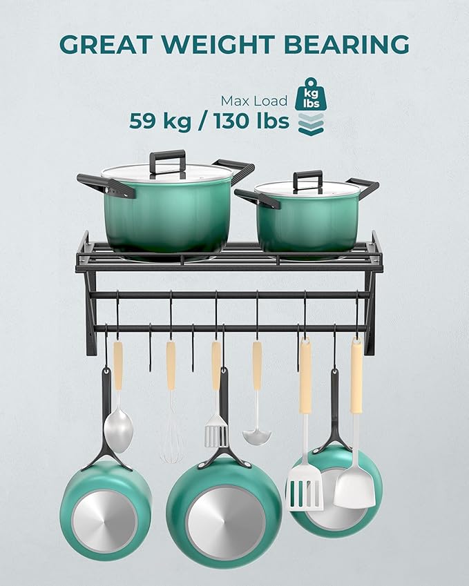 OROPY 23 Inch Wall Mounted Pot Rack Storage Shelf with 2 Tier Hanging Rails 12 S Hooks included, Ideal for Pans, Utensils, Cookware, Plant Black - Image 3