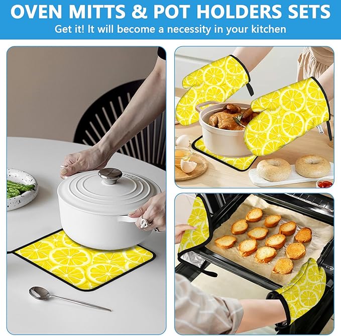 Watercolor Lemon Oven Mitts and Pot Holders Sets Heat Resistant 4Pcs Potholders Oven Gloves Hot Pads for Kitchen Baking Cooking Grilling BBQ