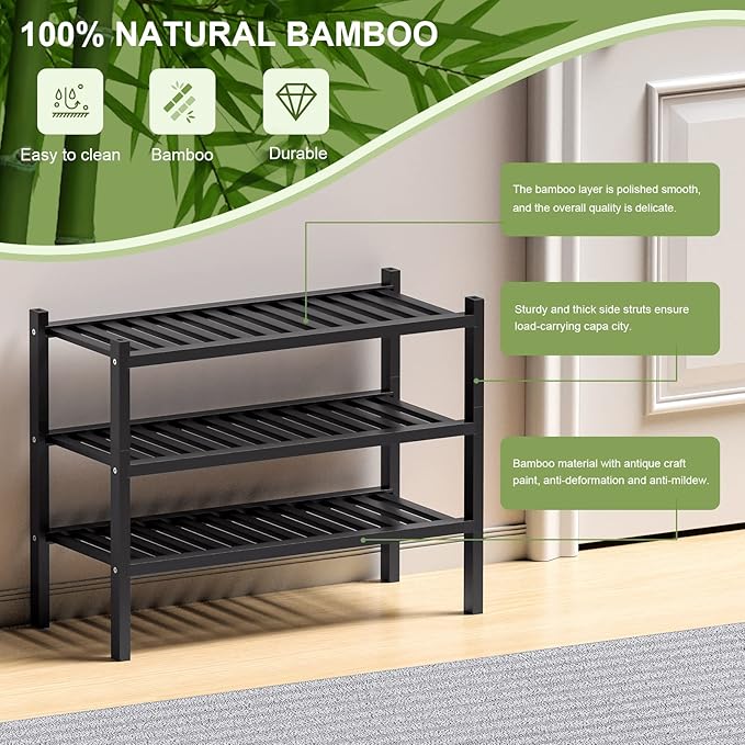 ROMGUAR CRAFT 3 Tier (Thick) Bamboo Shoe Rack for Entryway, Small Wood Shoe Shelf Storage Organizer for Closet, Shoe Stand for Hallway, Stackable and Sturdy 27"x12"x21" Black - Image 6