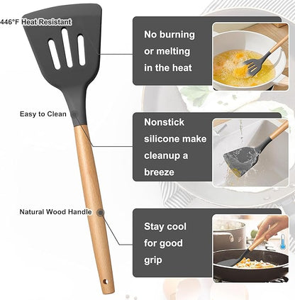 E-far Silicone Cooking Utensils Set, 5-Piece Kitchen Utensils Set with Wooden Handle for Cooking, Silicone Kitchen Nonstick Tools Spatula Turner Slotted Spoons, Nontoxic & Heat Resistant-Gray - Image 3