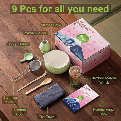 Clay&Fire Matcha Whisk Set, 9 pcs Ceramic Matcha Set, Gifts for Women,Matcha Bowl with Spout and Whisk, Matcha Kit for Matcha Lovers, Ideal Gift Christmas, Birthday, Anniversary (Cherry Bloom-Green) - Image 6