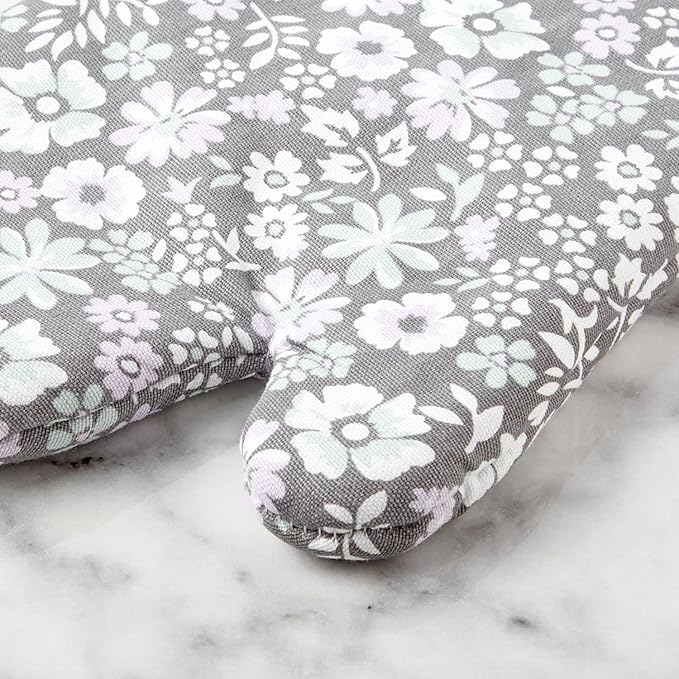 Martha Stewart Ditsy Floral Oven Mitt 2-Pack Set, Grey, 7"x13" - Image 3