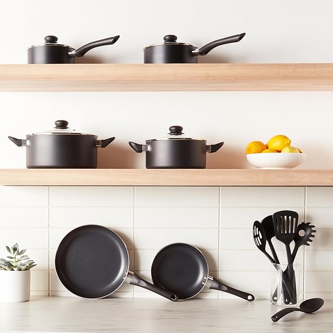 Amazon Basics Ceramic Non-Stick Cookware 15-Piece Set, Pots, Pans and Utensils, Black - Image 3