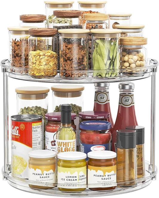 LAMU 12in 2 Tier Lazy Susan Organizer Large Lazy Susan Turntable Rotating Spice Rack Organization for Cabinet, Kitchen, Pantry, Countertop, Bathroom, Vanity, Medicine Cabinet Organizer, Clear by YourHome-OrganizationHelper