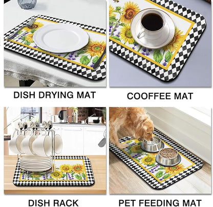 Dish Drying Mat for Kitchen Counter 2 Pack with Non-Slip Rubber Backing - Heat-Resistant Absorbent Coffee Bar Mat, Dish Rack Mat, Sunflower Dish Drying Mats 18x24+19.5x12 inch