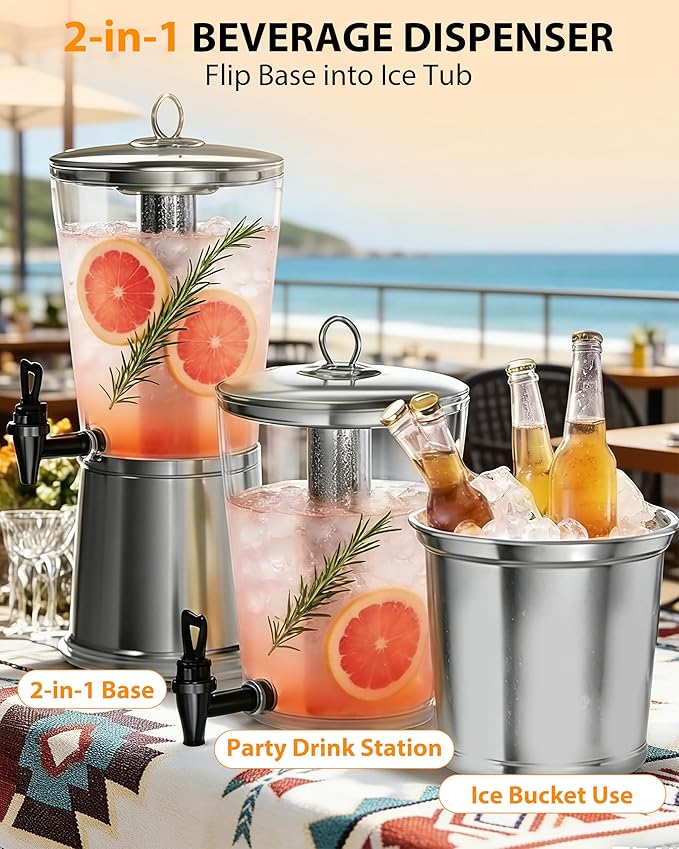 Beverage Dispenser with Stand, 2.5 Gallon Drink Dispenser for Parties,Events,Buffet &Self-Serve,Dual Ice Tube Core Fruit Infuser,Leakproof Spigot,Clear PC Container, Stainless Steel Lid&Base - Image 2