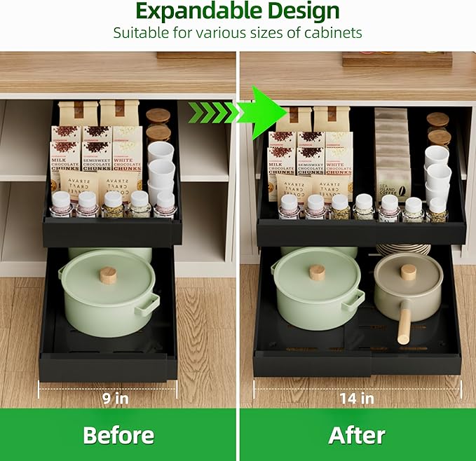 PAKETA 4 Pack Expandable Pull Out Cabinet Organizer, 21'' Deep Pull Out Drawers for Cabinet, Upgrade 3 Slide Rails Sliding Drawers for Cabinets with Adhesive Nano Film (Black, 21"D X 9-14"W) - Image 3