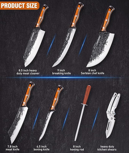 Naitesen 7PCS Hand Forged Butcher Knife and Kitchen Knife 2 in 1 Set with Roll Bag, Heavy Duty Meat Cleaver Serbian Chef Knife Breaking Knife Boning Knife for Meat Cutting BBQ Gifts for Men Women - Image 3
