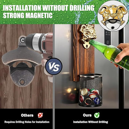Beer Magnetic Bottle Opener Wall Mounted With Bottle Cap Catcher,Funny Bottle Opener,Beer Accessories,Wooden Magnetic Bottle Opener for Fridge,Birthday Gifts for Men and Beer Lovers.