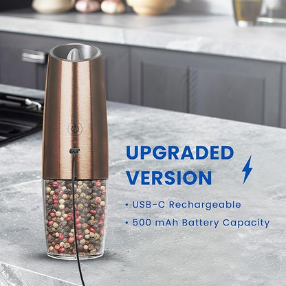 UNNEES Rechargeable Electric Salt and Pepper Grinder set of 2, gravity electric salt and pepper grinder set, Adjustable Roughness, LED Light, 2 Pack, (Copper) - Image 6