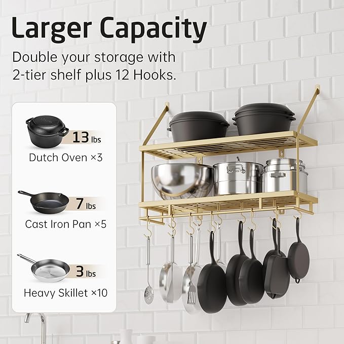 KES 30-Inch Gold Pot Rack Wall Mounted, 2-Tier Hanging Pot and Pan Organizer with 12 Sturdy Hooks, Elegant Modern Kitchen Wall Hanger Shelves, KUR215S75B-GD - Image 2