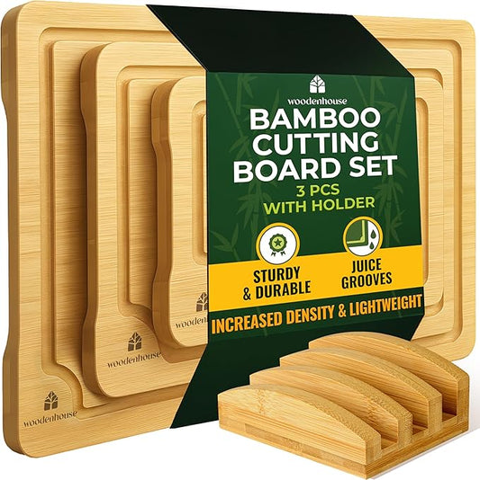 Bamboo Cutting Board Set of 3 - Thick & Durable Wood Cutting Boards with Deep Juice Grooves & Build-in Handles, Large Surface, Easy to Clean – for Meat, Vegetables and Fruits (Set of 3 with Holder)