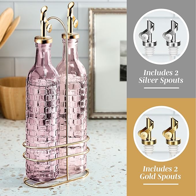 COOK WITH COLOR Glass Olive Oil Bottle Dispenser - 2 Pack- 17oz Oil and Vinegar Cruet - Olive Oil Carafe Decanter for Kitchen, Checkered, Pink - Image 4