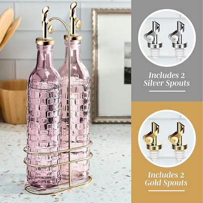 COOK WITH COLOR Glass Olive Oil Bottle Dispenser - 2 Pack- 17oz Oil and Vinegar Cruet - Olive Oil Carafe Decanter for Kitchen, Checkered, Pink - Image 4