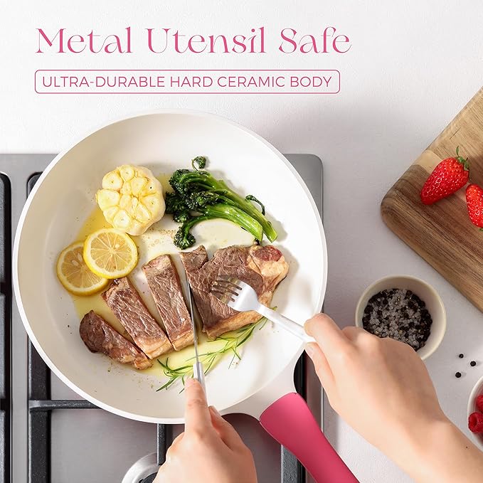 PRICUSIS Nonstick Ceramic Frying Pan, 8/10 Inch Skillet with Stay Cool Handle, Fully Coated, Induction Compatible & Oven Safe, 100% Dishwasher Safe, PTFE PFAS & PFOA Free（10 Inch, Raspberry Red）