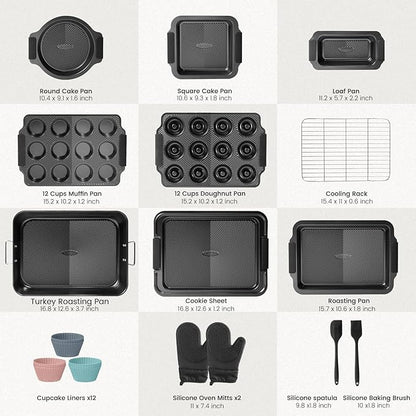 Kikcoin 25 PCS Stackable Baking Pans Set, Non-stick Bakeware Sets with Silicone Handles, 450°F Oven Safe Cookie Sheets for Baking, Easy Release Heavy-duty Baking Sheets Non Stick, Black - Image 2