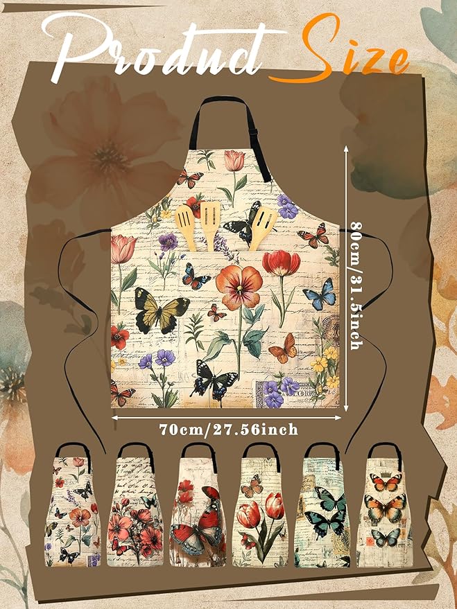 Bencailor 6 Pcs Spring Kitchen Aprons with Pockets Flower Rooster Bee Butterfly Sunflower Summer Aprons Bulk for Women(Classic Color,Butterfly) - Image 3