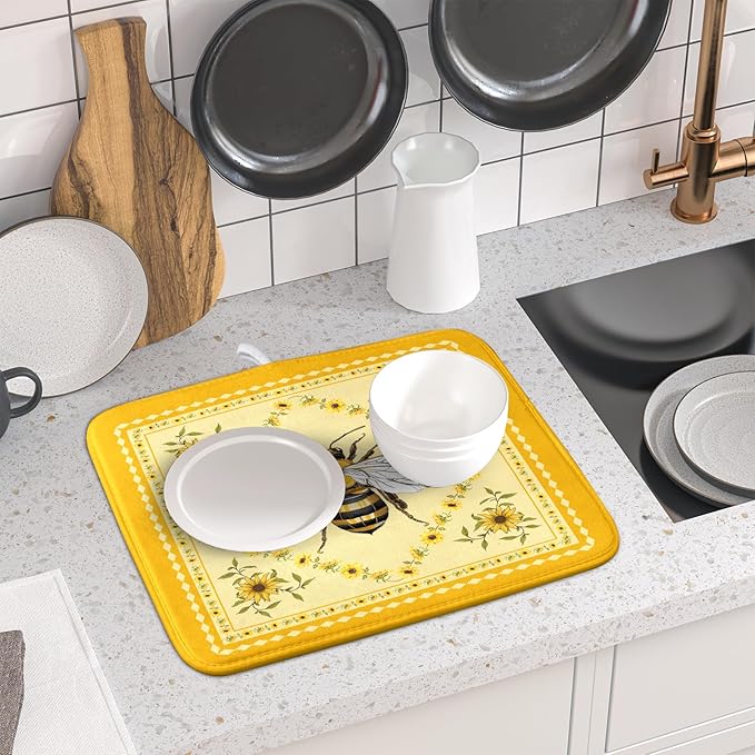 Giwawa Sunflower Bee Dish Drying Mat, Summer Rustic Sunshine Floral Dish Drainer Mats, Yellow Farmhouse Absorbent Reversible Small Dish Drying Pad Decor for Kitchen Countertop, 16x18inches