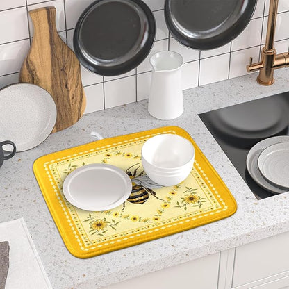 Giwawa Sunflower Bee Dish Drying Mat, Summer Rustic Sunshine Floral Dish Drainer Mats, Yellow Farmhouse Absorbent Reversible Small Dish Drying Pad Decor for Kitchen Countertop, 16x18inches