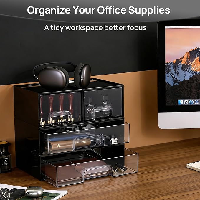 Vtopmart 2 Pack Clear Stackable Storage Drawers, 12.1''W Plastic Organizers Bins for Office Supplies, Ideal for Desk Organization, Black - Image 4