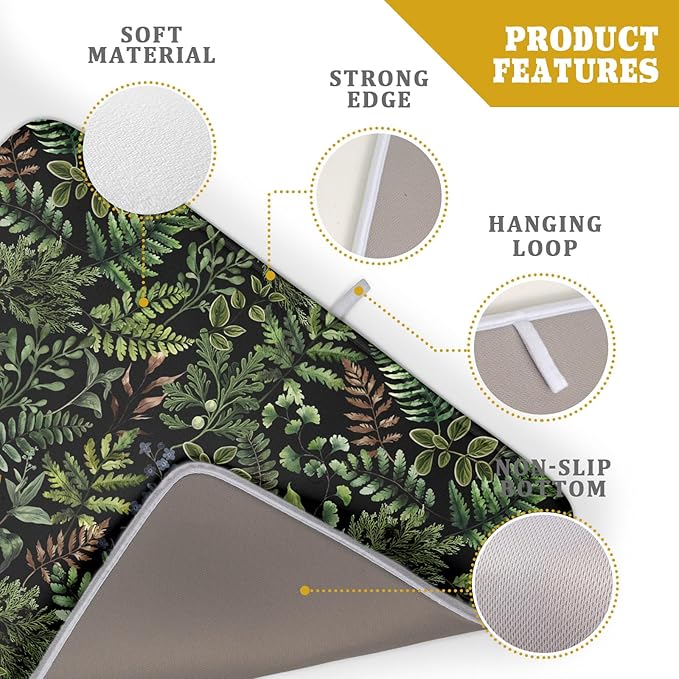 Black Sage Green Plant Dish Drying Mat for Kitchen Counter,Vintage Botanic Fern Leaves Floral Drying Mat 18 x 24 Inch with Absorbent Reversible Microfiber Drying Pad for Coffee Bar - Image 4
