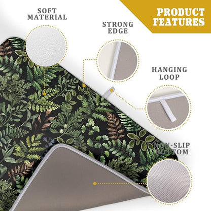 Black Sage Green Plant Dish Drying Mat for Kitchen Counter,Vintage Botanic Fern Leaves Floral Drying Mat 18 x 24 Inch with Absorbent Reversible Microfiber Drying Pad for Coffee Bar - Image 4