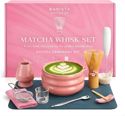 BARISTA EMPEROR® MATCHA WHISK SET PREMIUM 11pcs - Professional Matcha Kit Set with Matcha Bowl, Matcha Whisk, Milk Frother, Spoon, Sifter, Scoop, Stand, Cup, Mat - Aesthetic Pink Matcha Set Kit