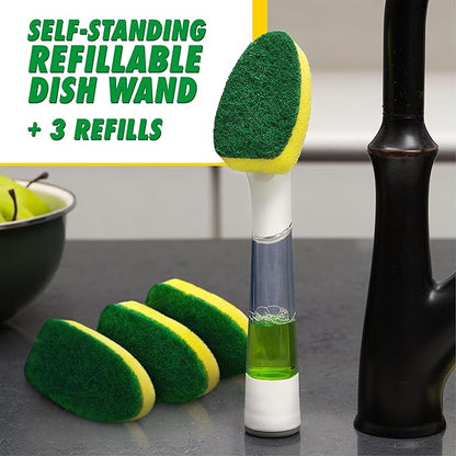 Libman Dishmatic I-Stand Dish Wand Kit, Kitchen Cleaning Scrub Brush with Handle and Soap Dispenser for Scrubbing and Washing Dishes, Refillable Standing Dispensing Scrubber Brushes, 3 Sponge Refills - Image 2