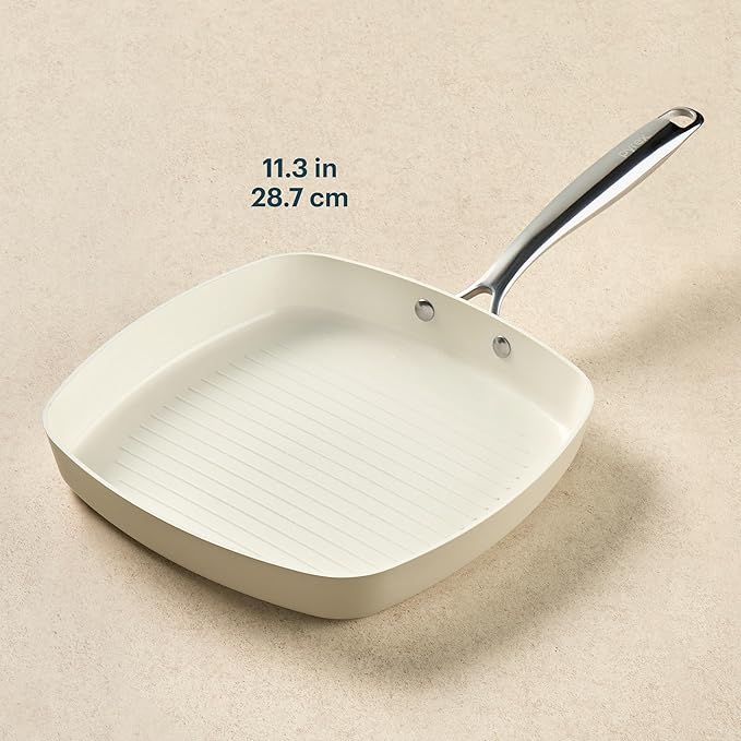 Pyrex 11-Inch Grill Pan Ceramic Cookware with Stainless Steel Handle, Healthy Nonstick Ceramic Coating, Induction Compatible Stainless Steel, PFAS Lead Cadmium BPA Free