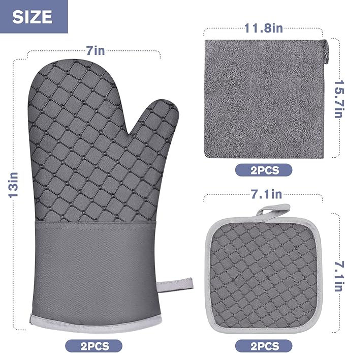 6 Pcs Oven Mitts and Pot Holders, 500℉ Heat Resistant Oven Mitts with Kitchen Towels Soft Cotton Lining and Non-Slip Silicone Surface Safe for Baking, Cooking, BBQ (Grey) - Image 7