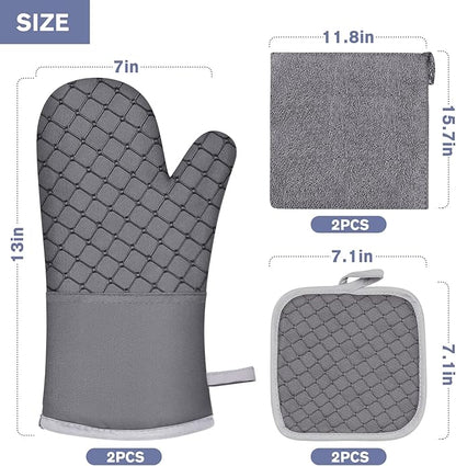 6 Pcs Oven Mitts and Pot Holders, 500℉ Heat Resistant Oven Mitts with Kitchen Towels Soft Cotton Lining and Non-Slip Silicone Surface Safe for Baking, Cooking, BBQ (Grey) - Image 7