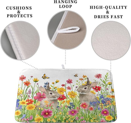 Easter Dish Drying Mat for Kitchen Counter Easter Bunny Flowers Dish Drying Pad Spring Rabbit Floral Dishes Drainer Mats Absorbent Microfiber Kitchen Countertop Protector Drying Mats 18x24 in - Image 3