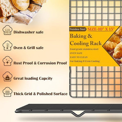 2PCS Cooling Racks for Cooking and Baking - 10" x 15"Heavy Duty Stainless Steel Wire Rack for Baking, Grilling, Roasting - Oven & Dishwasher Safe - Fits Jelly Roll Sheet Pan（Black） - Image 2