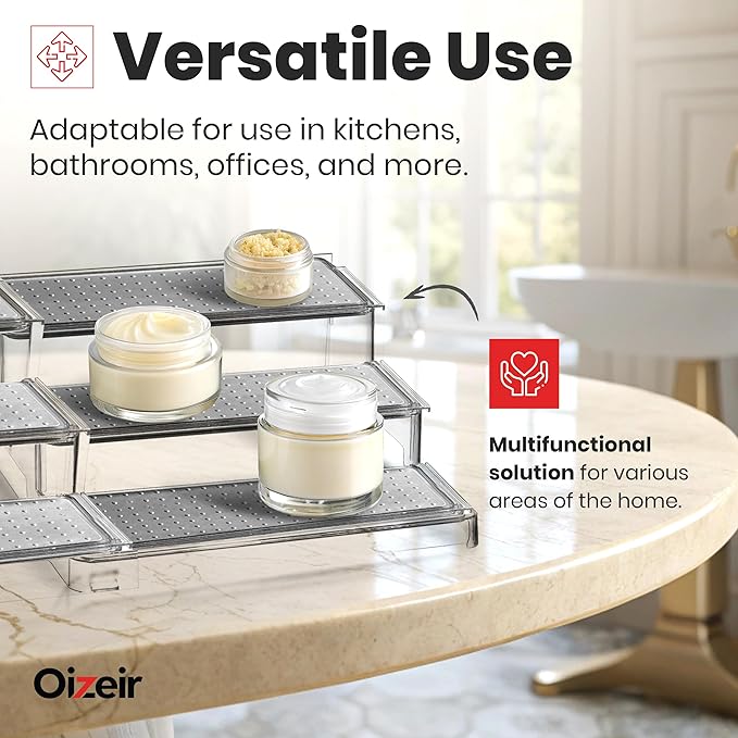 Oizeir Expandable Spice Rack Organizer for Cabinet (2 Pack), 3-Tier Clear Tiered Shelf, Non-Slip Adjustable Spice Cabinet Organizer for Kitchen Pantry, Medicine, Seasoning & Bottle Storage - Image 5
