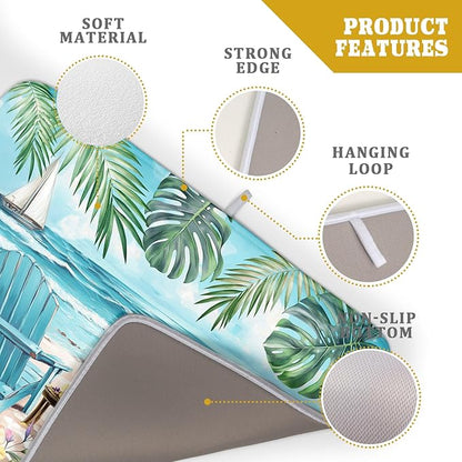Spring Summer Sea Chair Dish Drying Mat for Kitchen Counter,Coastal Beach Palm Leaf Flowers Drying Mat 18 x 24 Inch with Absorbent Reversible Microfiber Drying Pad for Coffee Bar - Image 4