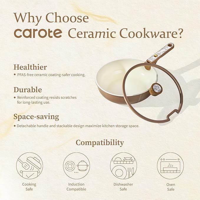 CAROTE 25-Piece Ceramic Cookware Set, Nonstick Pots and Pans Set with Detachable Handle, Non-Toxic Kitchen Cooking Set, Dishwasher & Oven Safe, Induction Compatible, PFAS Free, Chocolate - Image 8